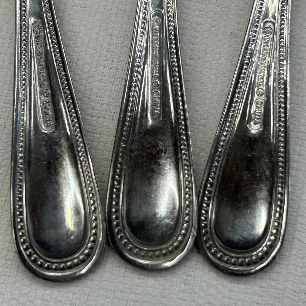 6 pc International Silver Royal Bead Gold Soup Tea Spoons Stainless Gold Trim